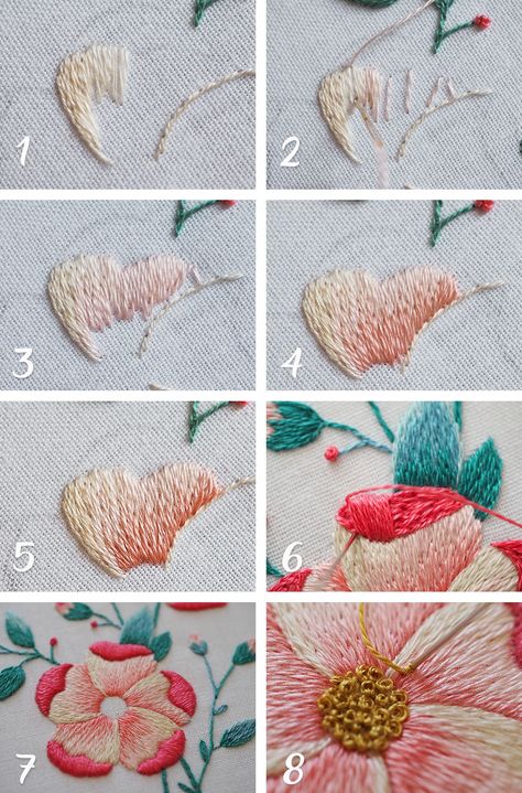 Embroidery Stitch Flower, Embroidery Step By Step, Embroidery Tutorial Step By Step, Step By Step Embroidery Flowers, Hand Embroidery Tutorial Step By Step, How To Embroider A Peony, Blanket Stitch Flower Embroidery, Peonies Embroidery Pattern, Satin Stitch Flower Hand Embroidery Tutorial