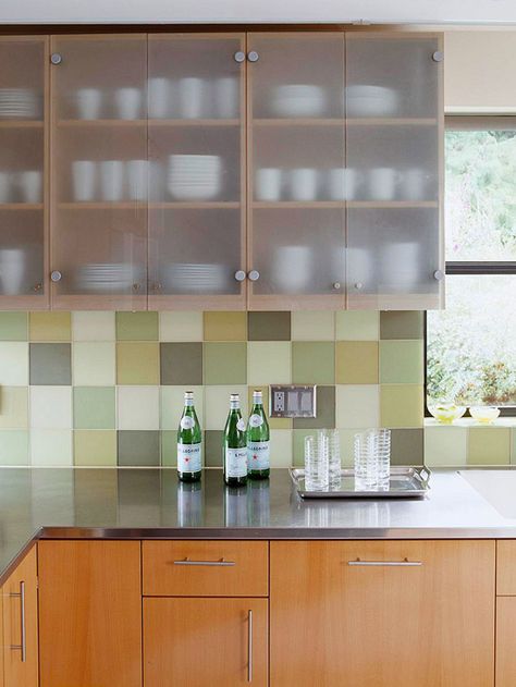 Soften The Look: Upper cabinets fitted with frosted-glass doors offer a filtered view of their contents. Upper Kitchen Cabinets With Glass Doors, Kitchen Cabinet Door Ideas, Glass Kitchen Cabinet, Simple Kitchen Cabinets, Cabinet Door Designs, Glass Kitchen Cabinet Doors, Glass Kitchen Cabinets, Cocina Diy, Custom Cabinet Doors