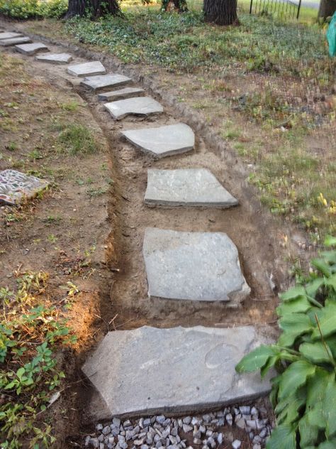 Flagstone Pathway On Slope, Simple Stepping Stone Path, Creek Rock Walkway, Making A Stone Walkway, Simple Garden Paths And Walkways, Hillside Pathway Walkways, River Rock Pathway Diy Stone Walkways, How To Make A Walkway, Diy Stone Pathway