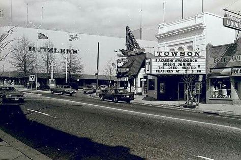 Downtown Towson before the circle.  Little Tavern next to the theater. Towson Maryland, The Deer Hunter, Baltimore County, Railroad Pictures, Baltimore City, Deer Hunter, Luxor Egypt, Colonial Williamsburg, Baltimore Maryland