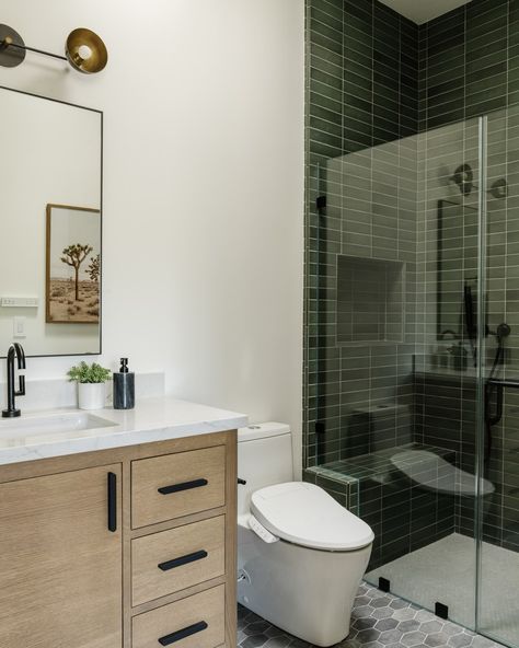 The perfect bath for a teenage boy 👌🏻 🌟 Shop this bathroom by clicking the link in our bio ☺️ #thedendesign_bellbeauty Design by @thedendesigngroup Builder @urbanpachomes Photos @jessicafixphotography #thedendesign #losaltoshillshome #siliconvalleyinteriordesign #moodybathroom #boysbathroom #showertiledesign Dark Green Tiles, Dark Cabinets Bathroom, Green Shower Tile, White Oak Vanity, Dark Green Tile, Boy Bathroom, Shower Pan Tile, Moody Bathroom