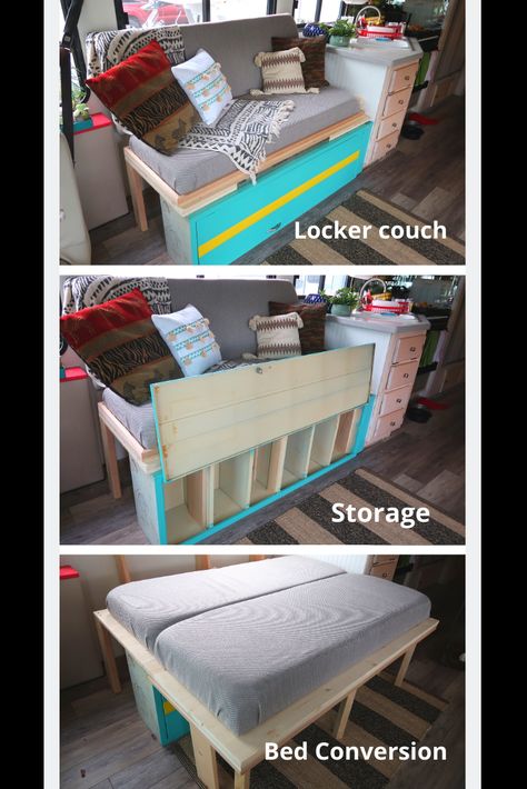 Build a couch that converts into a sofa with a locker! It's so easy! Perfect for your motorhome/rv/trailer/van Diy Rv Couch, Rv Couch Bed, Diy Storage Couch, Rv Couch, Build A Couch, Couch Storage, Built In Couch, Rv Furniture, Ikea Couch