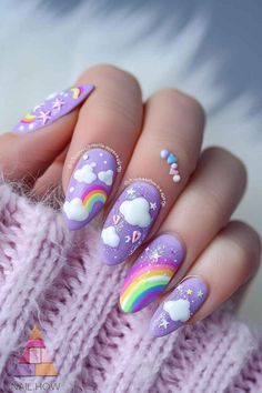 Purple Nail With Butterfly, Rainbow Sky Nails, Rainbow And Cloud Nails, Pride Themed Nails, Purple Cute Nails, Pride Nails Designs, Pride Nail Art, Nail Art Rainbow, Nail Rainbow