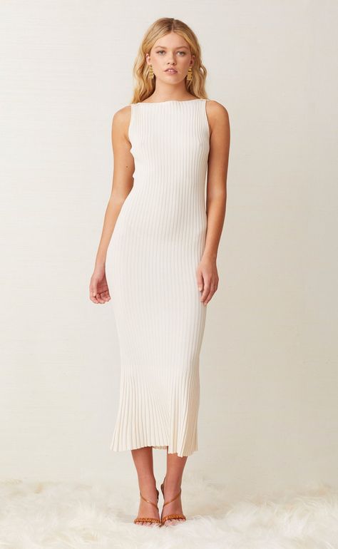 Midi White Dress, Boat Neck Midi Dress, Pleated Knit, Australian Fashion Designers, Bec And Bridge, Ivory Dress, Dress Pleated, Fitted Midi Dress, Neckline Designs