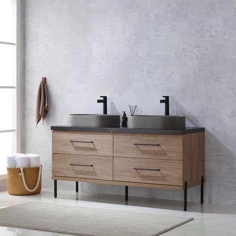 Wade Logan® Areille 60" Double Bathroom Vanity Set | Wayfair Concrete Vessel Sink, Concrete Sink, Concealed Storage, Stone And Wood, Single Sink Bathroom Vanity, Double Bathroom Vanity, Austin Design, Sintered Stone, Bathroom Vanity Tops