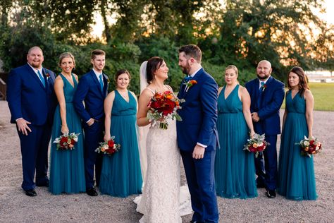 Teal Bridesmaid Dresses and Navy Suits \\ Charleston, SC \\ Cory Lee Photography Wedding Teal Bridesmaid Dresses Navy Suits, Dark Teal And Navy Wedding, Peacock And Navy Wedding, Peacock Groomsmen Attire, Navy Teal Wedding, Peacock Bridesmaid Dresses And Groomsmen, Navy And Teal Wedding Theme, Peacock Blue Wedding Colors, Teal Navy Wedding