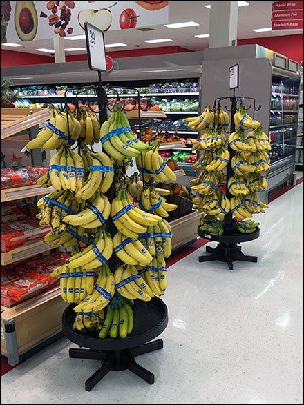 Banana Tower Spinner With Downward Hooks – Fixtures Close Up Banana Shop, Fruit And Veg Shop, Vegetable Decoration, Produce Displays, Pomegranate Recipes, Banana Stand, Vegetable Pictures, Bakery Store, Genetically Modified Food