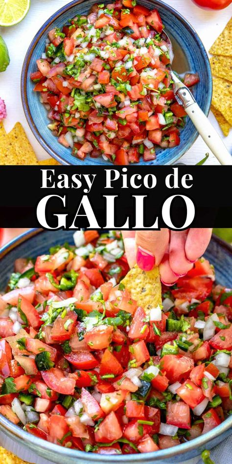 Pico de gallo is a Mexican raw salsa made with tomatoes, onion, serrano or jalapeño peppers, cilantro, lime juice, salt, and black pepper.This fresh salsa – salsa fresca in Spanish – is easy to make and versatile. Gf Dips, Best Pico De Gallo Recipes, Pico Recipe, Optivia Recipes, Mexican Dip, Mexican Salsa, Salsa Fresca, Taco Salads, Christmas Recipes Appetizers