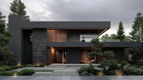 House Industrial Design Exterior, Dark Modern House, Industrial House Exterior, Sloping Lot House Plan, Modern Mountain House, Contemporary House Exterior, Residential Building Design, Dream Life House, Building House Plans Designs