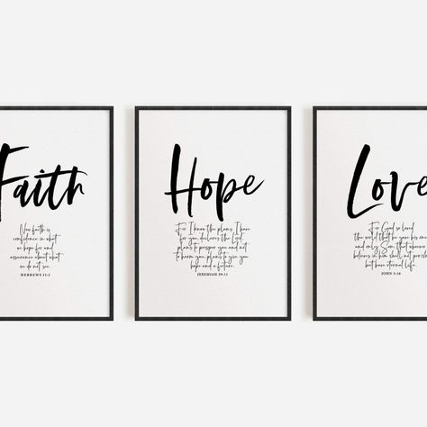 Faith Hope Love Wall Art that will suit any Modern Christian Home Decor. This 3 Piece Print Set has definitions of Faith Hope Love taken from New International Bible Verses of Hebrews 11, Jeremiah 29, John 3:16. Boho Bedroom Wall Art, Room Accent Wall, Hebrews 11, Bible Verses About Love, Dining Room Wall Art, Jeremiah 29, Love Wall Art, Christian Decor, Christian Bible Verses