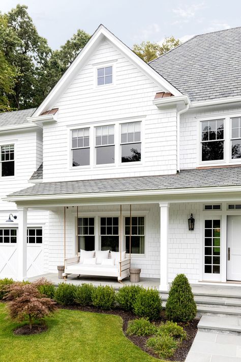 Exterior Window Trim Ideas and Inspiration | Hunker Exterior Window Trim Ideas, Exterior Door Trim, Beach House Getaway, Front Door Styles, New England Farmhouse, Porch Styles, Window Trim Exterior, Custom Furniture Design, White Windows