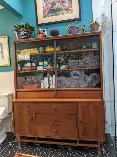 Mcm Display Cabinet, Mcm China Cabinet, Cabinet For Bathroom Storage, Repurposed China Cabinet, Mcm Bathroom, Repurposed China, Restore Furniture, Cabinet For Bathroom, Future Goals