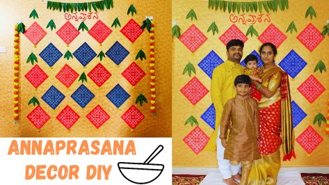 Annaprasana wall decor Diy | Rice feeding ceremony backdrop Diy Rice Feeding Ceremony Decoration, Annaprasana Decoration Ideas, Annaprasana Decoration Ideas At Home, Ceremony Backdrop Diy, Monthly Photoshoot, Wake Ideas, Backdrop Diy, Stage Decor, Sharing Economy