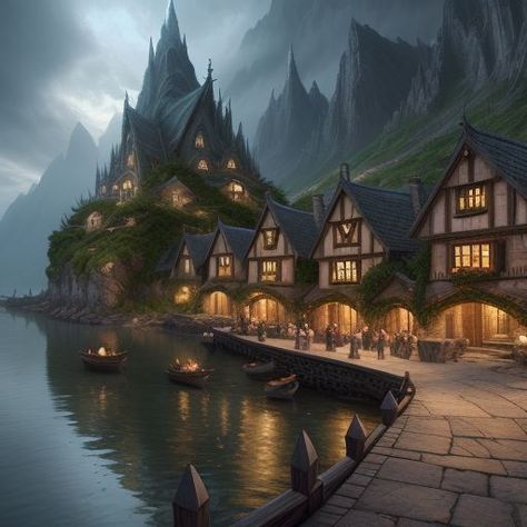 Elven Village, Welcome Back Home, Fantasy Village, Elf Characters, Scenery Art, Art Generator, Fishing Villages, Fantasy World, Elf