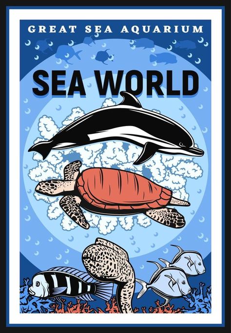 Great sea aquarium, oceanarium underwater show Aquarium Poster, Vintage Aquarium, Sea Aquarium, Aquarium Design, Sea World, Poster Design, Vector Free, Shirt Designs, Clip Art