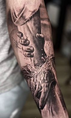 Hourglass Family Tattoo, Short Sleeve Tattoos Mens Arm, Thoughtful Tattoo Ideas, Psalm 23 Tattoo Men, Jesus Walking On Water Tattoo, Christian Arm Sleeve Tattoos, Soldier Of God Tattoo, Walking On Water Tattoo, Police Tattoo Ideas For Men