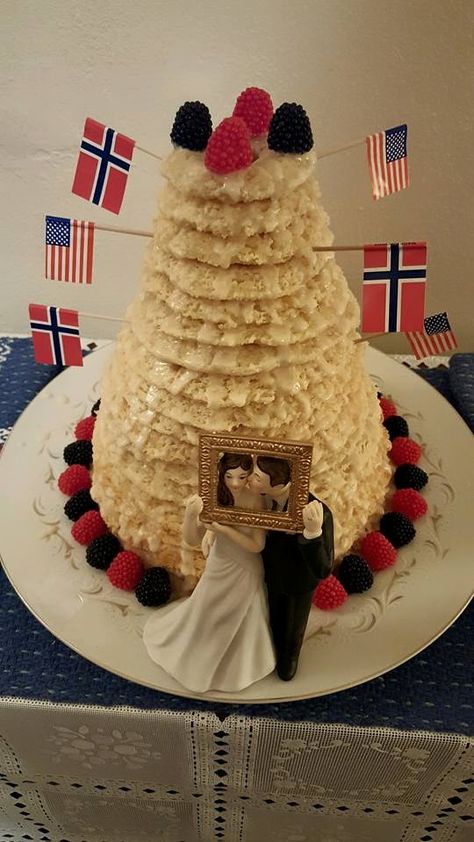 Kransekake (18-Layer Norwegian Wedding Cake) | Food.com White Corn Meal, Norwegian Recipes, Norwegian Wedding, Wedding Cake Alternatives, Norwegian Food, Wedding Cake Recipe, Cookie Press, White Icing, Family Recipe