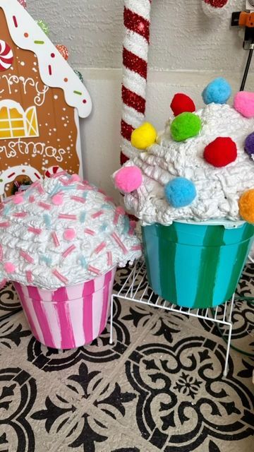 K a r e n G o v e r n a l e on Instagram: "🧁🎄 DIY Christmas delight! Created these adorable cupcake props using dollar store finds and spray foam magic! 🌟🎁 Who knew inexpensive items could turn into such cuteness? 😊✨ #DIYChristmasDecor #BudgetFriendlyCrafts #HolidayCreativity #DollarStoreDIY #candylandtheme #pinkchristmasdecor #diycupcakes #candychristmasdecor #christmasdecor #christmasmagic #candyland #candychristmas #christmas #cupcakediy #cupcakedecor #sweet #gingerbreadhouses #candylandparty #candychristmasdiy #gingerbreadhouse #candy #christmasdecorations #handmadechristmas #candyshop #pinkchristmas #gingerbreadhousedecorating #handmade #cupcakes #christmasdecorater #xmaswonderland" Giant Candy Garland Diy, Cupcake Candy Decoration, Spray Foam Cupcakes, Candyland Christmas Ideas, Diy Outdoor Christmas Candy Decorations, Candy Land Christmas Float, Candy Land Party Food, Outdoor Cupcakes, Candy Christmas Tree Diy