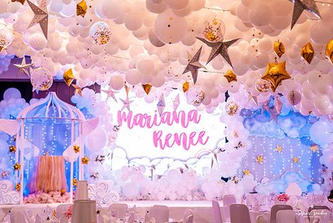 Cloud Theme Party, Baptism Reception, Christening Themes, Butterfly Birthday Party Decorations, Baptism Themes, Butterfly Centerpieces, Birthday Theme Decoration, Christening Decorations, Flower Birthday Party