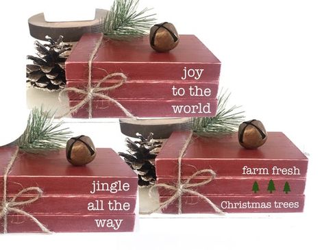 Stack Books, Wood Books, Stamped Books, Christmas Decor Farmhouse, Books Christmas, Old Book Crafts, Stacked Books, Faux Books, Books Decor