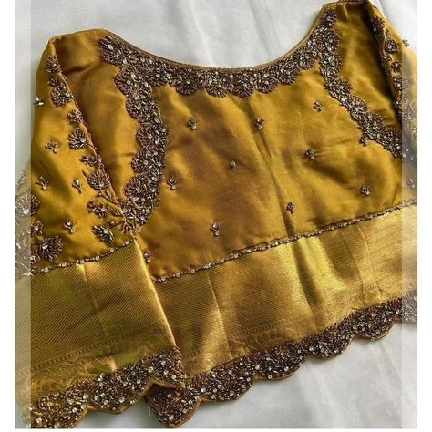 Dm@96404 90158 Designer zardosi maggam work blouse Fabric: Halfpattu /Rawsilk Dispatch: 3days Price 3500unstiched 4050stitched Colours and sizes can be customised accordingly Gold Blouse Maggam Work, Gold Blouse Designs, Green Blouse Designs, Saree Jacket Designs, Blouse Maggam Work, Saree Jackets, Maggam Work Blouse, Maggam Work Designs, Brown Blouse