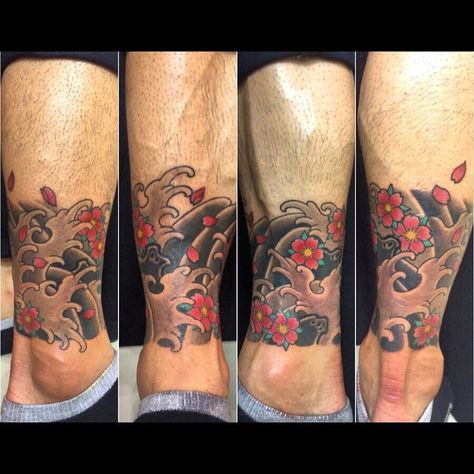 ankle band with waves and cherryblossoms #ninetailstattoo #japanesetattoo #waves #cherryblossoms (at Nine Tails Tattoo) Tatoo Ring, Ankle Band Tattoo, Leg Band Tattoos, Cuff Tattoo, M Tattoos, Band Tattoo Designs, Ankle Tattoos, Japan Tattoo Design, Irezumi Tattoos