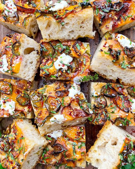 sourdough focaccia with candied jalapeños from my garden, peaches, creamy goat cheese, hot honey, and fresh basil Focassia Bread, Sourdough Focaccia Recipe, Autumn Tea Party, Sourdough Focaccia, Foccacia Bread, Candied Jalapenos, Fall Tea, Creamy Goat Cheese, Focaccia Recipe