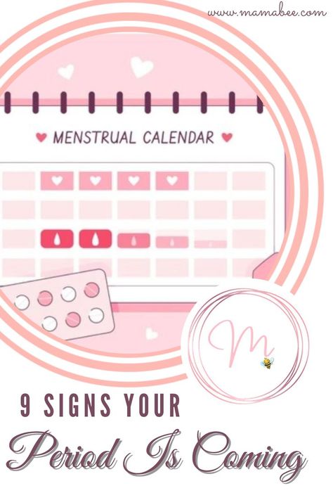 Hey ladies! you’ve got no clue when your next cycle is? Specific symptoms can clue you in. Here are nine signs that your period is coming. #monthlyperiod #whenisyournextperiod #symptomsyourperiodiscoming #cramps #tenderbreast #discharge #mamabee Signs Your Period Is Coming, Menstrual Calendar, Aunt Flo, Clue, Period, Signs