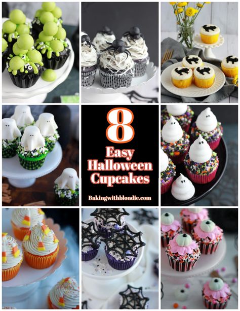 8 Easy and Fun Halloween Cupcake Ideas - Baking with Blondie Black Cat Cupcakes, Halloween Cupcake Ideas, Spiderweb Cupcakes, Baking With Blondie, Decorate Halloween, Halloween Cupcakes Decoration, Candy Corn Cupcakes, Ghost Cupcakes, Cat Cupcakes