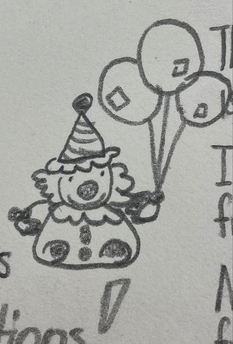 A little clown with fluffy hair, a striped hat, a collared outfit, and holding balloons in his left hand. Lil Clown Drawing, Hallowen Draws Easy, Little Character Doodles, Cute Clown Doodle, Goofy Things To Draw, Drawing Inspo Cartoon, Little Guy Doodle, Silly Little Drawings, Silly Guy Doodles