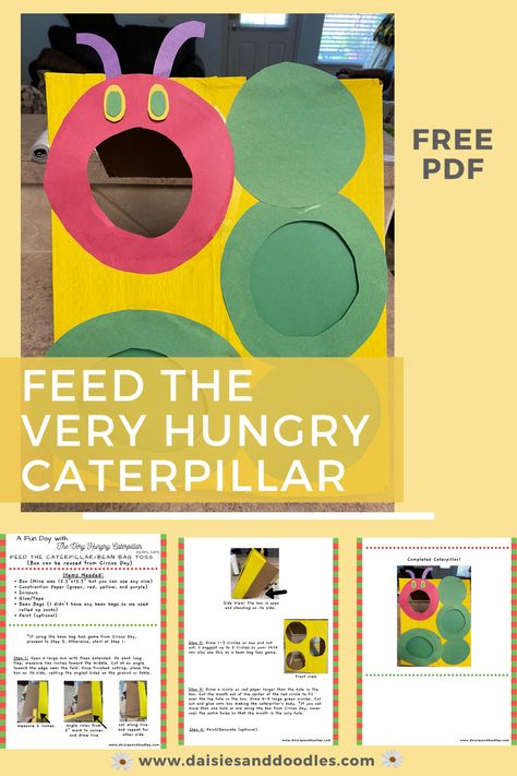 Download this FREE PDF and learn how to make your own "Feed the Caterpillar" box plus bean bag toss. The Very Hungry Caterpillar Food Cutouts, Feed The Caterpillar Activity, Activities For Toddlers At Home, Caterpillar Song, Bean Bag Activities, Hungry Caterpillar Food, Playgroup Ideas, Eric Carle Activities, The Very Hungry Caterpillar Activities