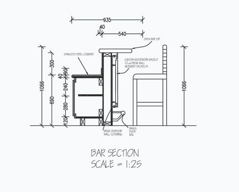 Bar Section, Furniture Details Drawing, Bistro Interior, Bar Counter Design, Restaurant Plan, Bar Flooring, Millwork Details, Section Drawing, Bar Plans