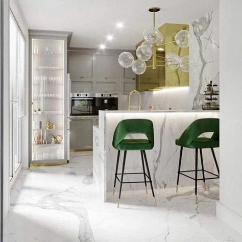 Eichholtz Avorio Bar & Counter Stool | Perigold Emerald Green Decor, Marble Kitchen Island, Glam Kitchen, Kursi Bar, Marble Kitchen, Modern Kitchen Design Black, Kitchen Decor Modern, Kitchen Marble, Trendy Kitchen