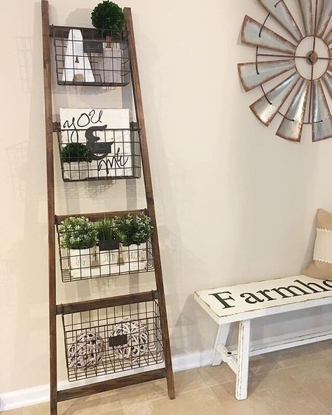 Who else loves functional decor!? 🙋🏼This leaning basket ladder is perfect for an entryway or even bathroom storage 👌🏼 📷:… Basket Ladder Decor, Ladder Basket Decor, Kitchen Ladder Decor, Basket Bathroom Decor, Wooden Ladder Decor, Basket Bathroom Storage, House Fever, Blanket Ladders, Ladder Ideas