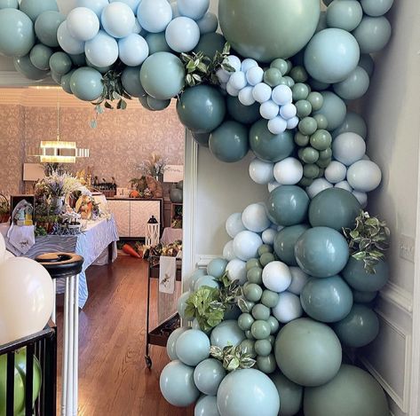 Sage And Blue Balloon Garland, Sage Green And Blue Balloon Garland, Pastel Blue And Green Balloon Garland, Dusty Blue And Sage Green Balloon Arch, Blue Green White Balloon Garland, Blue Green Brown Balloon Garland, Balloon Garland Color Scheme, Ballon Color Combinations, Blue And Green Baby Shower Ideas