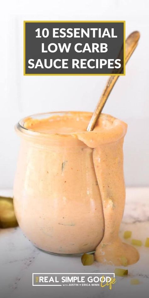 10 keto sauces including mayo, cheese sauce, ranch, BBQ sauce, ketchup, keto dressing, marinara, pizza and alfredo. Every low carb sauce you need! Also includes a bonus big mac sauce recipe. These recipes are essential for the keto diet and perfect for salads, dipping, and pouring over everything. via @realsimplegood Keto Nacho Cheese, Keto Cheese Sauce, Keto Dressing, Nachos Cheese Recipe, Big Mac Sauce Recipe, Mac Sauce Recipe, Big Mac Sauce, 1000 Calorie, Mac Sauce