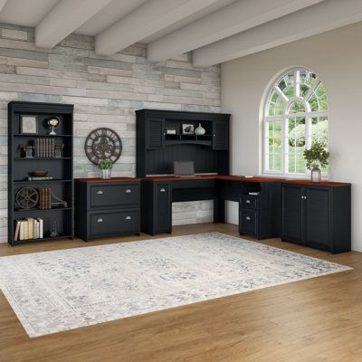 5 shelf Bookcase Color: Antique Black | Lark Manor™ Mcclanahan 68.94" H x 29.57" W Standard Bookcase Wood in Black, Size 68.94 H x 29.57 W x 15.0 D in | Wayfair Office Remodel Ideas, Shared Home Office Ideas, L Shaped Desk With Hutch, Shared Home Office, Black Office Furniture, L Shaped Desk With Storage, Vertical Storage Cabinet, Office Furniture Set, Small Storage Cabinet