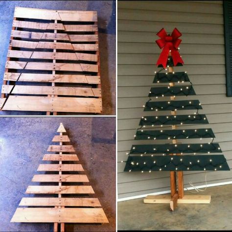 Christmas tree made from a shipping pallet! Via facebook Christmas Decorating Hacks, Pallet Wood Christmas Tree, Pallet Wood Christmas, Pallet Christmas Tree, Pallet Christmas, Christmas Yard Decorations, Wood Christmas Tree, Christmas Decorations Diy Outdoor, Christmas Wood Crafts