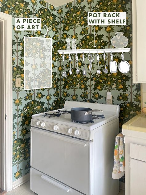 We're Shooting Caitlin's Kitchen In 3 Weeks - But How Are You Supposed to Decorate Above A Stove? (+ 5 Styling Options) - Emily Henderson Shelving Above Stove, Shelves Above Stove, Hallway Makeover, Dark Hallway, Sweet Boyfriend, Emily Henderson, Rooms Reveal, Pot Rack, Old Kitchen