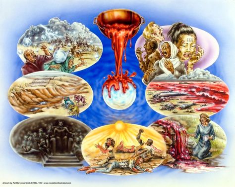 7 Bowls of Wrath - God's Day of Wrath - 7 Vials of Wrath - 7 Last Plagues - Book of Revelation 15 & 16 Isaiah 13, Beast Of Revelation, Revelation 16, Revelation 7, Revelation 6, Revelation Bible, Prophetic Art, Book Of Revelation, Biblical Art