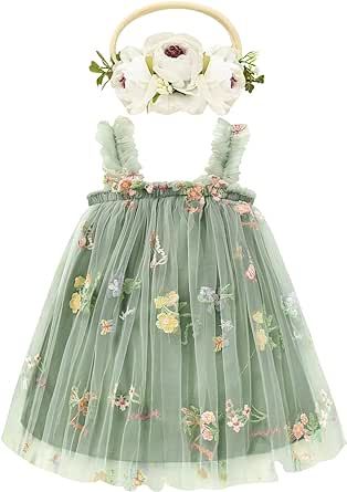 Toddler Baby Girls Tutu Dress Sleeveless Floral Print Layered Tulle Dress Little Girl Princess Dresses with Flower Headband Layered Tulle Dress, Green Flower Girl Dresses, Girls Tutu Dresses, Flower Girl Dresses Tutu, Sleeveless Outfit, Embroidered Bodice, Girl Princess Dress, Girls Dresses Summer