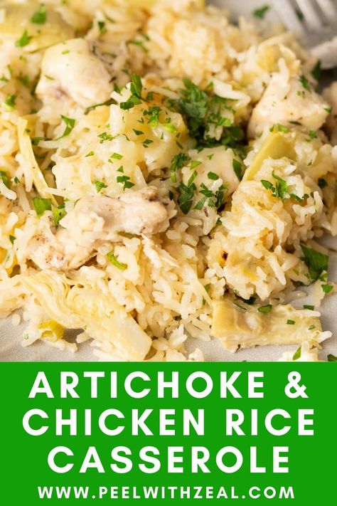 My artichoke chicken casserole is made with a delicious combination of tender chicken, artichoke hearts, and a cheesy golden brown topping. This creamy casserole is a total comfort food that the whole family will love! Chicken Artichoke Bake, Ground Chicken Stuffed Peppers, Chicken Artichoke Recipes, Roasted Zucchini And Squash, Creamy Casserole, Chicken Artichoke, Chicken Casserole Recipe, Chicken Rice Casserole, Rice Casserole Recipes