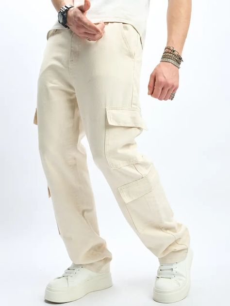 Men's Casual Loose Fit Straight Leg Cargo Jeans - Beige Solid Color Denim Pants, Cotton Blend, Non-Stretch, Regular Length, All-Season, Raw Wash Details, Loose Fit Adult Woven Trousers Beige Solid Color, Jackets Dress, Pants Cotton, Cargo Jeans, Clothing Size Chart, Womens Clothing Sizes, Men's Casual, Four Seasons, Denim Pants