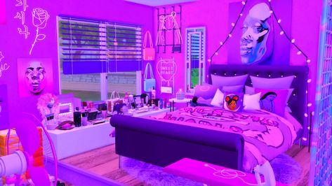 Purple Aesthetic Bedroom, Sims 4 Packs, Bedroom Sims 4, Sims 4 Aesthetic, 4 Aesthetic, Sims 4 Sims, Play Sims 4, Sims 4 Bedroom, Purple Bedding