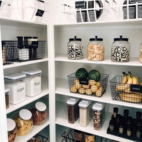 Nest In Order on Instagram: “Pantry perfection!!! These black and white wire baskets, clear jars, and sealed containers make this space so clean and crisp, with…” Melanie Walker, Black Wire Basket, White Pantry, Pantry Baskets, Perfect Pantry, Organized Pantry, Pantry Remodel, Black Basket, Modular Kitchen Design