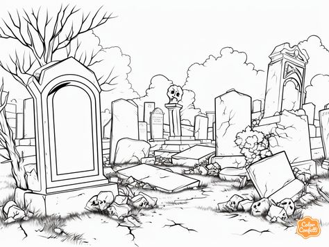 illustration of Adult coloring: timeless tombstones Graveyard Coloring Page, Gravestone Drawing, Graveyard Illustration, Graveyard Drawing, Graveyard Tattoo, Mandala Turtle, Coloring Page For Adults, Quiet Beauty, Cemetery Art