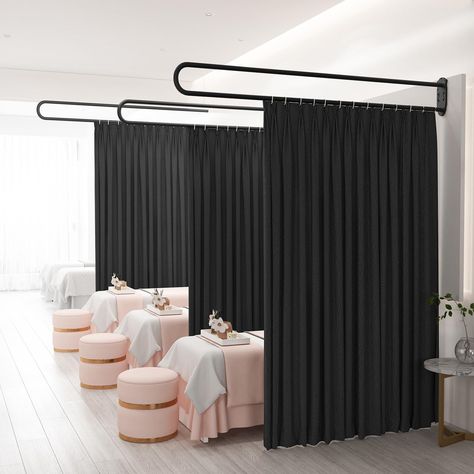 PRICES MAY VARY. Privacy curtain: These room divider curtains are made of thickened black shading fabric. Soft and smooth, good texture, no wrinkles. Light transmission is impermeable. Effectively protect privacy. Partition medical curtain: The track uses metal material, not easy to peel off, strong load-bearing ability. Very stable. Space can be separated in minutes. They completely change the look of your room. Easy to install: The U-bracket of curtain divider pannel needs to be assembled and Spa Room Curtain Divider Ideas, Beauty Salon Partition Design, Lash Room Divider Ideas, Curtain Room Divider Ideas, Room Divider Metal, Mua Studio, Theater Sets, Room Deviders, Spa Bedroom