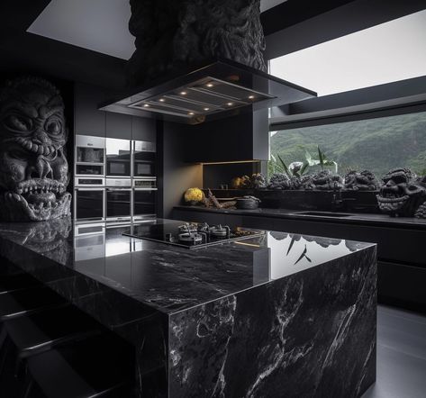 Black Marble House Interior Design, Black Luxury Kitchen Design, Monochromatic Kitchen Black, House Outer Design Aesthetic, All Black Modern House Interior Design, Black Home Design House, Dark Home Aesthetic Kitchen, Black House Inspiration, Black House Asthetics