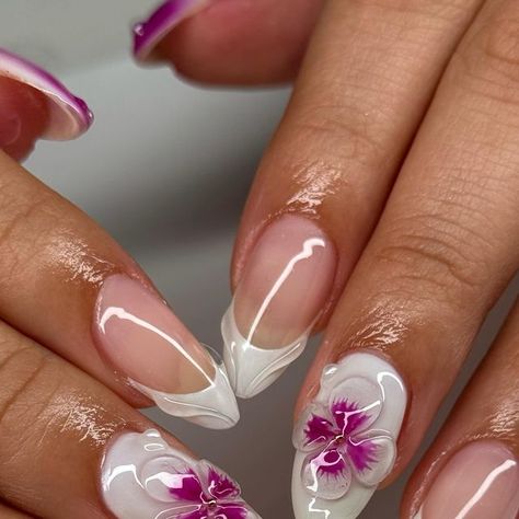 MIAMI NAILS BY CAMI🌴☀️ on Instagram: "🌺 Inspo: @nnailedbynic  • • • • •  #miami #nails #nailsofinstagram #pp #bossbabe #nailsnailsnails #305nails #nails2inspire #apresgelx #almondnails #frenchtipnails #wynwoodnails #doral nails #miaminailartist #jawnails2 #miaminails #miaminailtech #kendallnails #nails #square nails #encapsulatednails #blackfrenchnails #nailporn #auranails #bluenails #quartznail #chromenails #airbrushnailart #3dnails #buildergel #miaminailartists" Orchid Nails, Nagel Design, Easy Nails, Nagel Tips, Summery Nails, Fake Nails With Glue, Almond Nails Designs, White Nail, Nagel Inspo