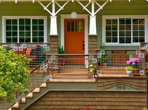 houses cottages with orange peach green outside exterior | ... porch an updated porch leads to a charming lime green house with a Sage Green House, Green House Exterior, Orange Front Doors, Tan House, Wood Siding Exterior, Hgtv House, Orange Door, Exterior Paint Colors For House, House Front Door